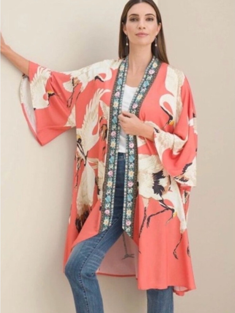 Aratta Coral “Story of the Crane” Kimono with detailed Trim
